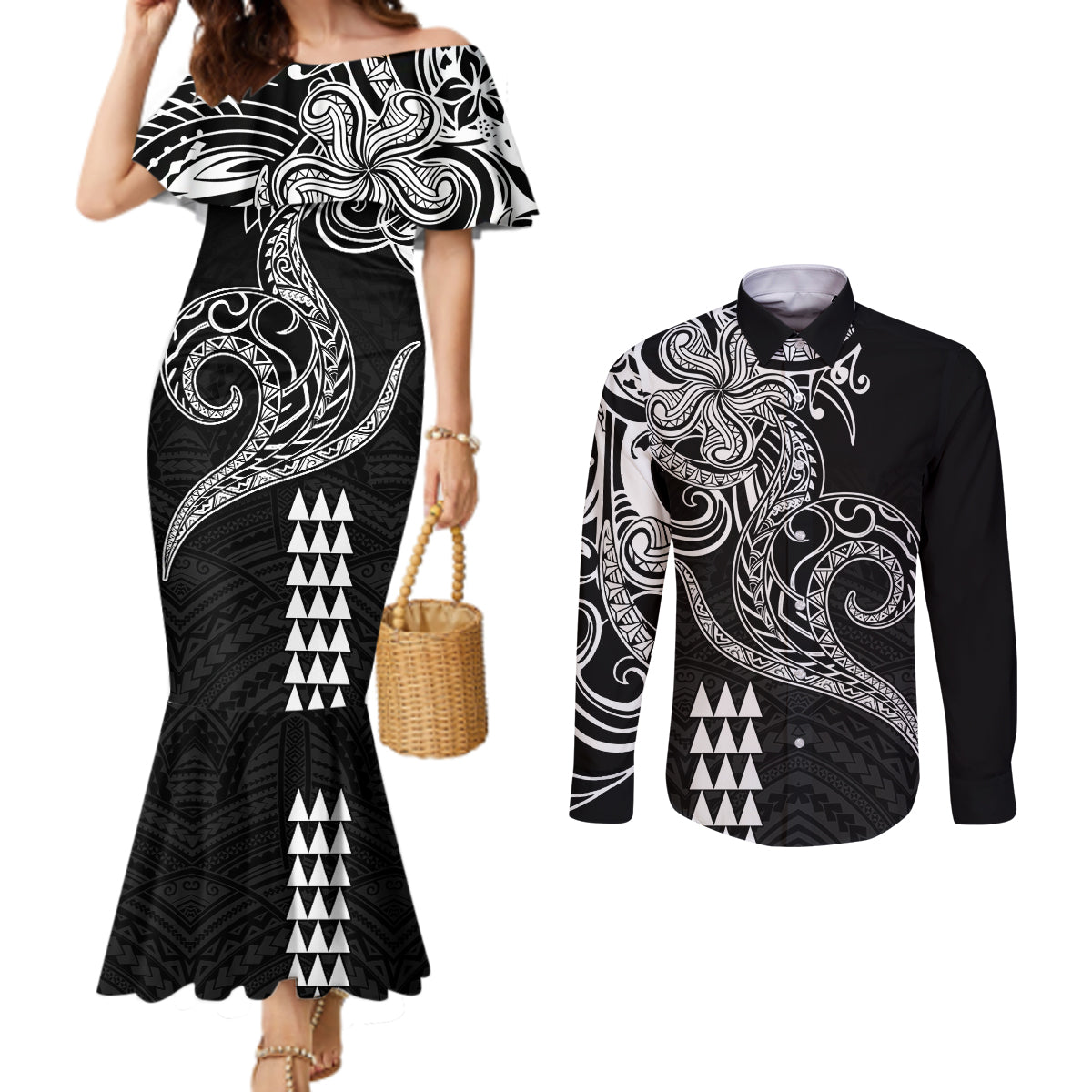 Hawaii Valentine Couples Matching Mermaid Dress and Long Sleeve Button Shirt Kakau Polynesian Heart LT01 Black - Polynesian Pride