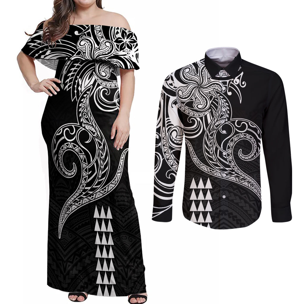 Hawaii Valentine Couples Matching Off Shoulder Maxi Dress and Long Sleeve Button Shirt Kakau Polynesian Heart LT01 Black - Polynesian Pride
