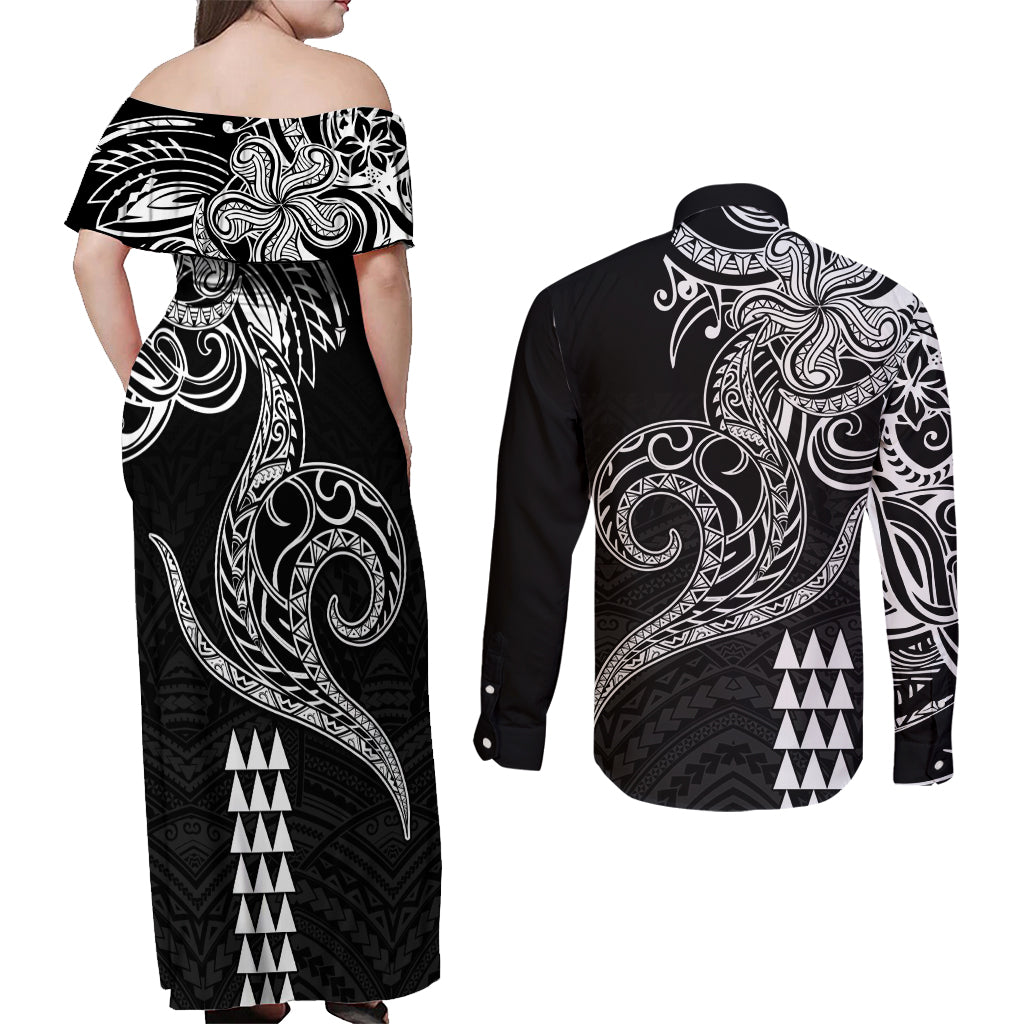 Hawaii Valentine Couples Matching Off Shoulder Maxi Dress and Long Sleeve Button Shirt Kakau Polynesian Heart LT01 - Polynesian Pride