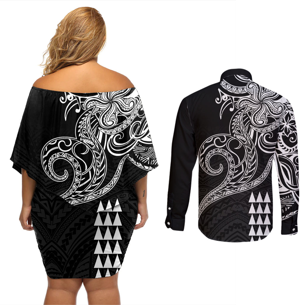 Hawaii Valentine Couples Matching Off Shoulder Short Dress and Long Sleeve Button Shirt Kakau Polynesian Heart LT01 - Polynesian Pride