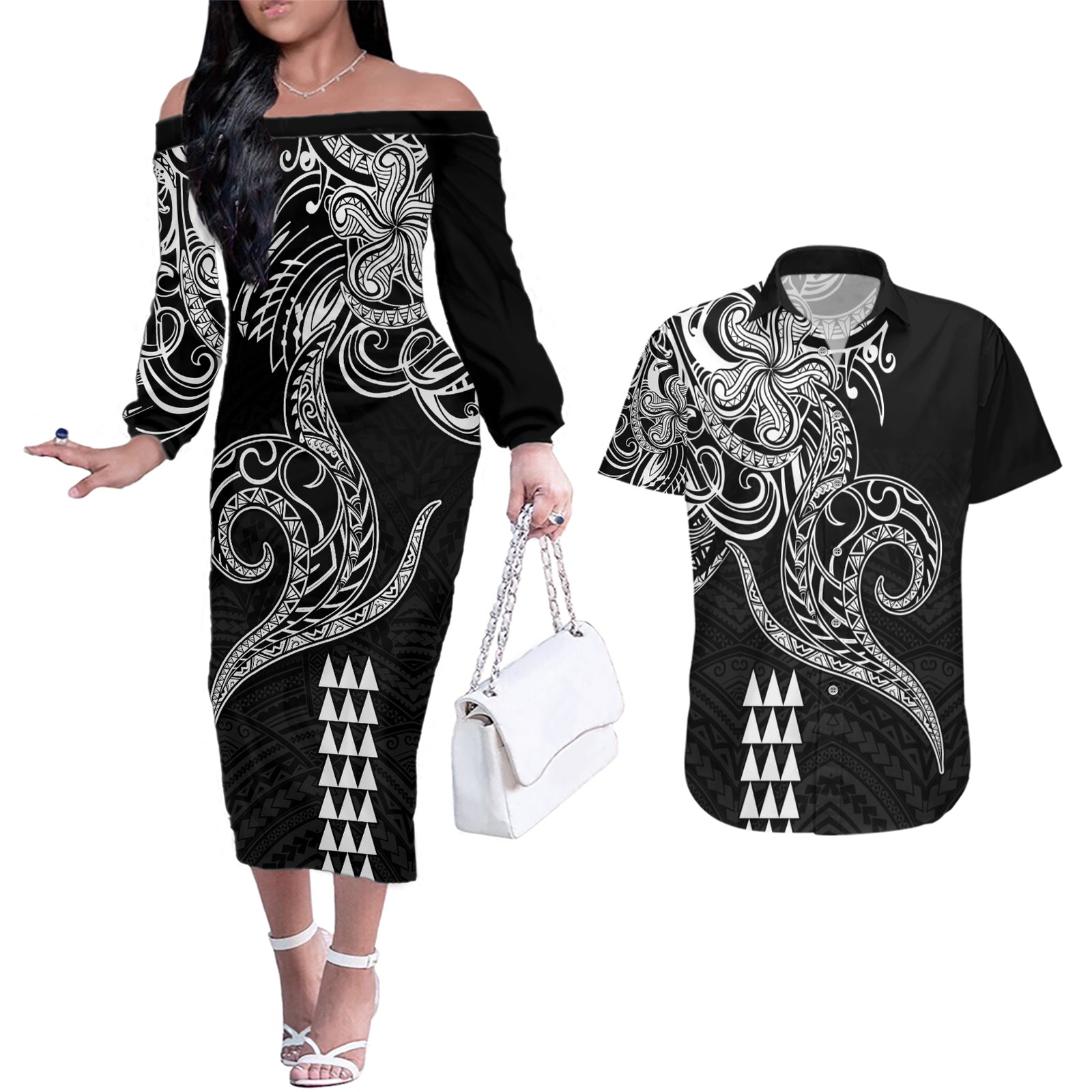 Hawaii Valentine Couples Matching Off The Shoulder Long Sleeve Dress and Hawaiian Shirt Kakau Polynesian Heart LT01 Black - Polynesian Pride