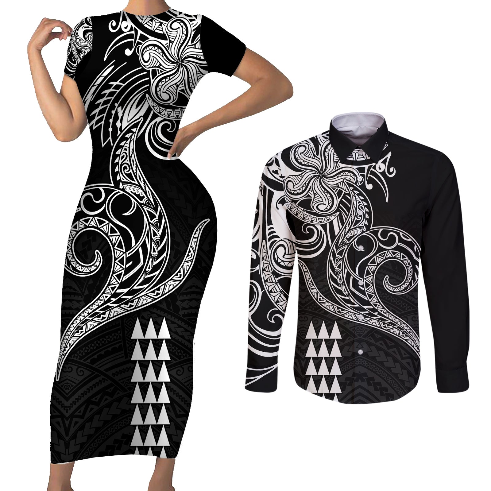 Hawaii Valentine Couples Matching Short Sleeve Bodycon Dress and Long Sleeve Button Shirt Kakau Polynesian Heart LT01 Black - Polynesian Pride