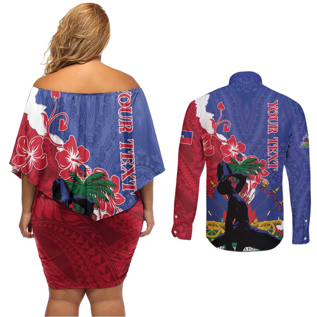 Personalised Haiti Le Marron Inconnu Couples Matching Off Shoulder Short Dress and Long Sleeve Button Shirt Dashiki Mix Polynesian Pattern