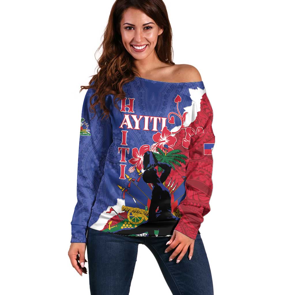 Personalised Haiti Le Marron Inconnu Off Shoulder Sweater Dashiki Mix Polynesian Pattern LT01 Women Blue - Polynesian Pride