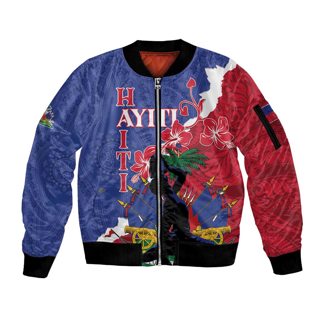 Personalised Haiti Le Marron Inconnu Sleeve Zip Bomber Jacket Dashiki Mix Polynesian Pattern LT01 Unisex Blue - Polynesian Pride