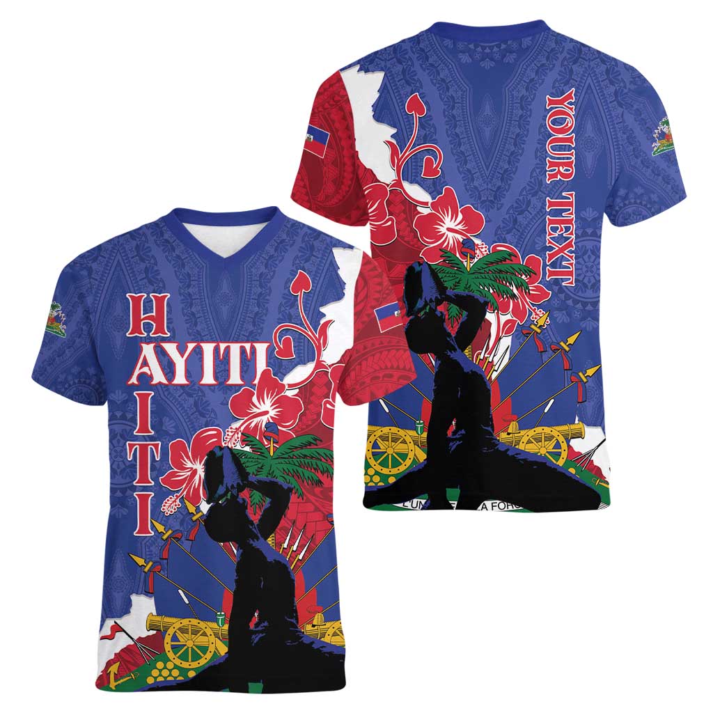 Personalised Haiti Le Marron Inconnu Women V-Neck T-Shirt Dashiki Mix Polynesian Pattern