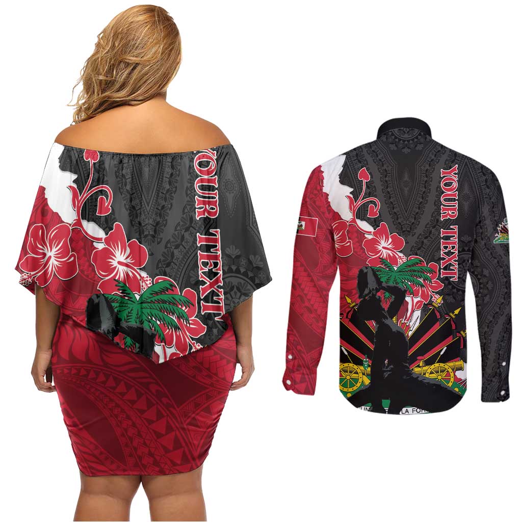 Personalised Ayiti Neg Marron Couples Matching Off Shoulder Short Dress and Long Sleeve Button Shirt Dashiki Mix Polynesian Pattern