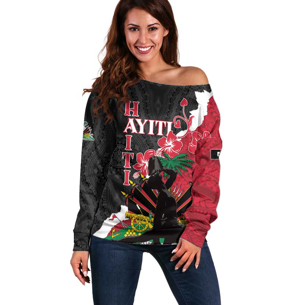 Personalised Ayiti Neg Marron Off Shoulder Sweater Dashiki Mix Polynesian Pattern LT01 Women Black - Polynesian Pride