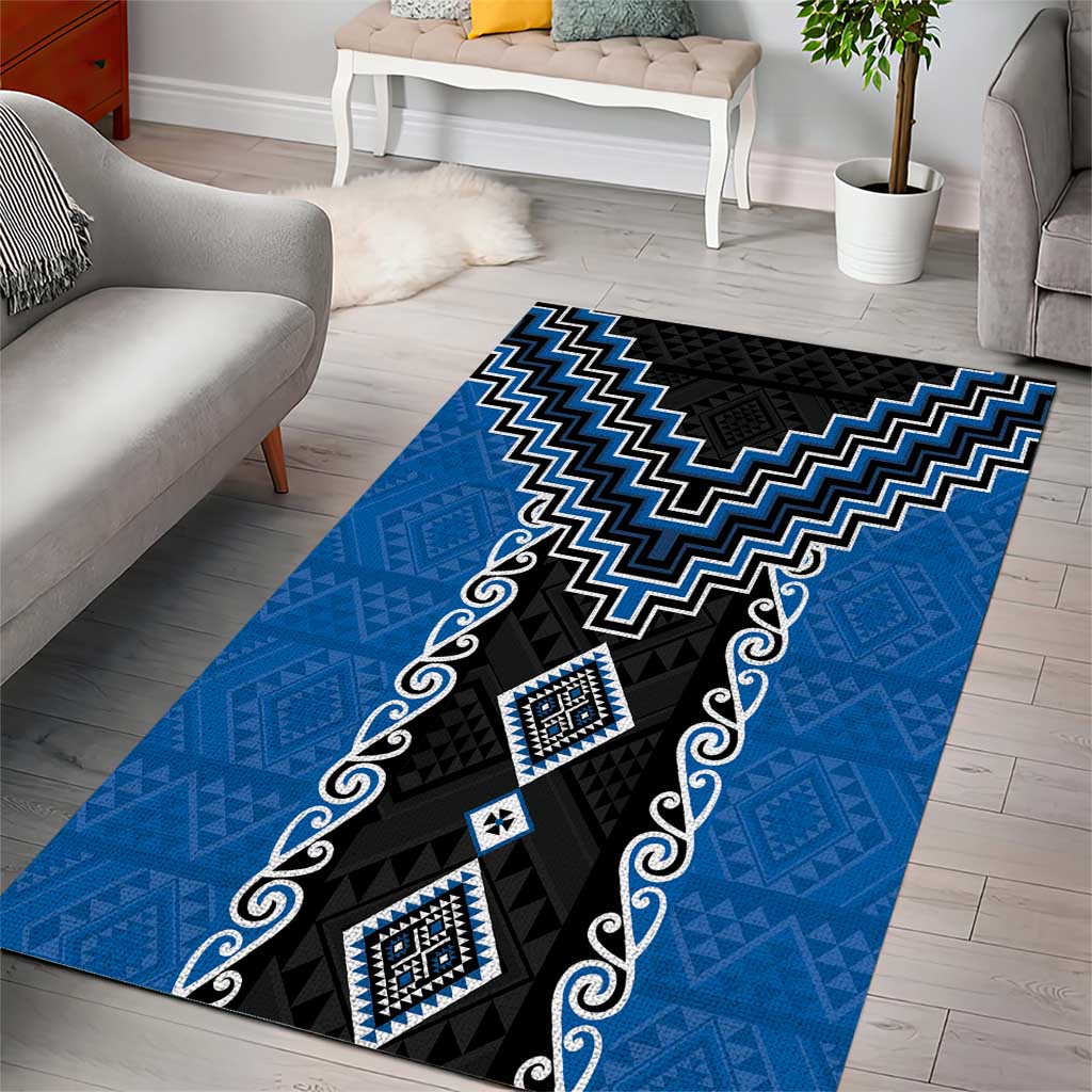 Blue Niho Taniwha Mix Poutama Area Rug Unique Taniko Aotearoa