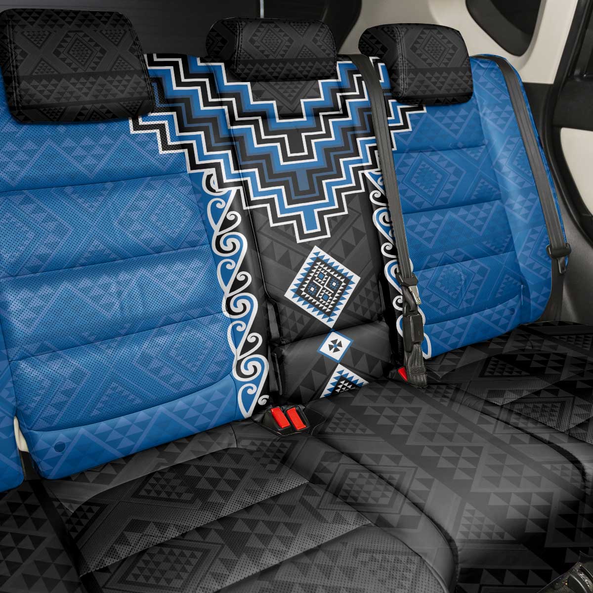 Blue Niho Taniwha Mix Poutama Back Car Seat Cover Unique Taniko Aotearoa LT01 - Polynesian Pride