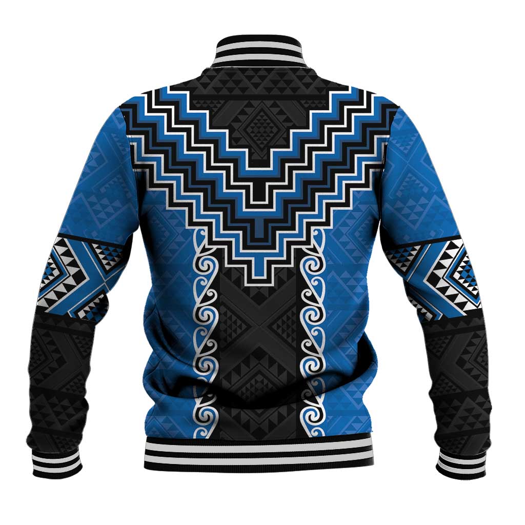 Blue Niho Taniwha Mix Poutama Baseball Jacket Unique Taniko Aotearoa