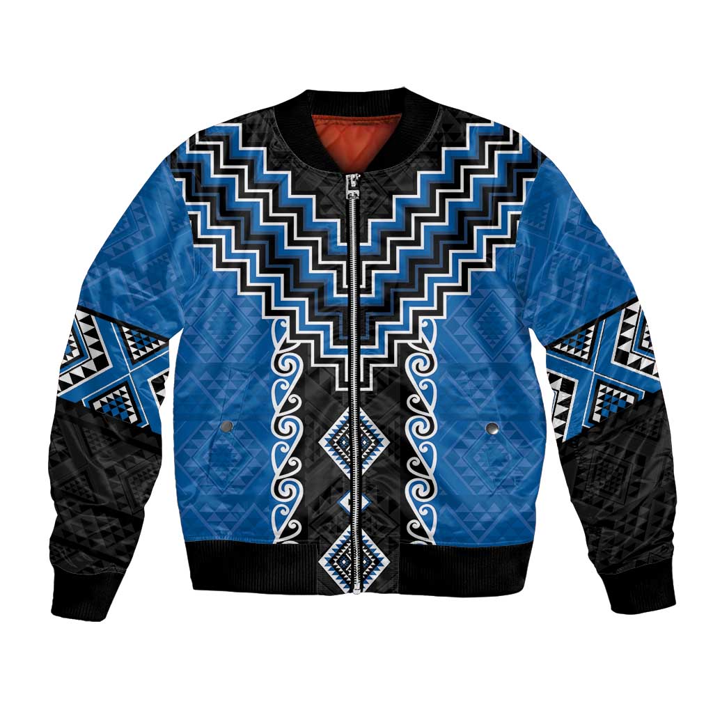 Blue Niho Taniwha Mix Poutama Bomber Jacket Unique Taniko Aotearoa LT01 Unisex Blue - Polynesian Pride