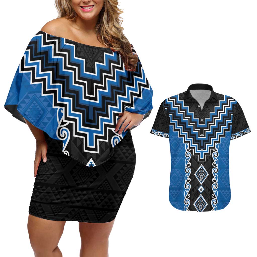 Blue Niho Taniwha Mix Poutama Couples Matching Off Shoulder Short Dress and Hawaiian Shirt Unique Taniko Aotearoa