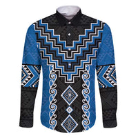 Blue Niho Taniwha Mix Poutama Family Matching Off Shoulder Short Dress and Hawaiian Shirt Unique Taniko Aotearoa