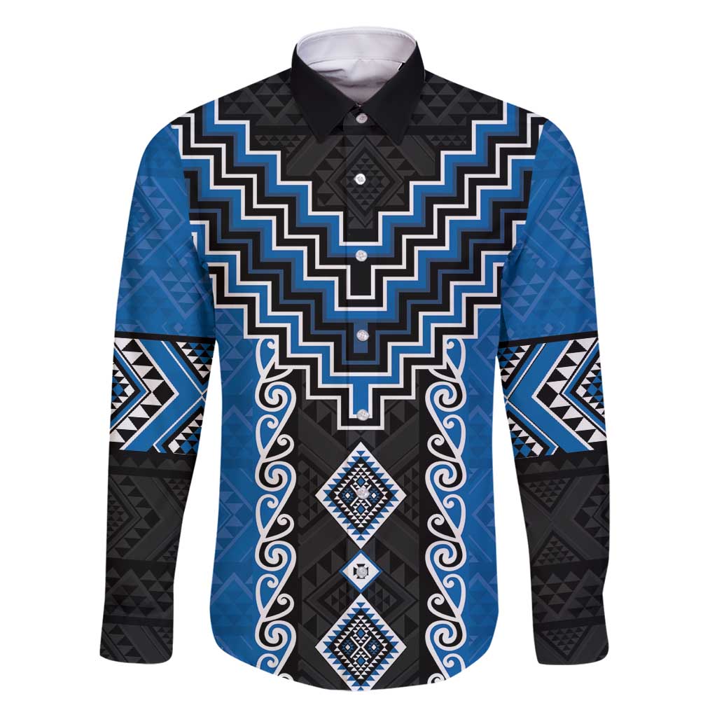 Blue Niho Taniwha Mix Poutama Family Matching Tank Maxi Dress and Hawaiian Shirt Unique Taniko Aotearoa