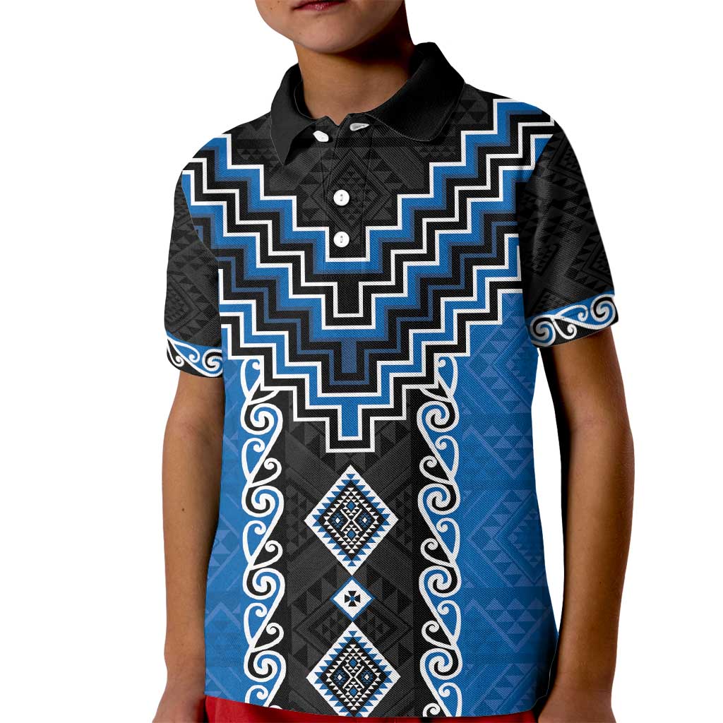 Blue Niho Taniwha Mix Poutama Kid Polo Shirt Unique Taniko Aotearoa