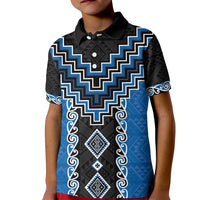 Blue Niho Taniwha Mix Poutama Kid Polo Shirt Unique Taniko Aotearoa