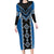 Blue Niho Taniwha Mix Poutama Long Sleeve Bodycon Dress Unique Taniko Aotearoa