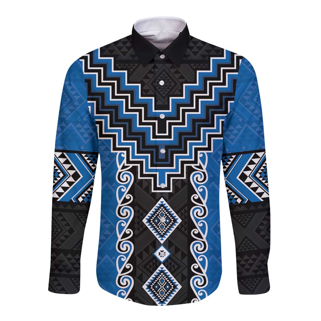 Blue Niho Taniwha Mix Poutama Long Sleeve Button Shirt Unique Taniko Aotearoa