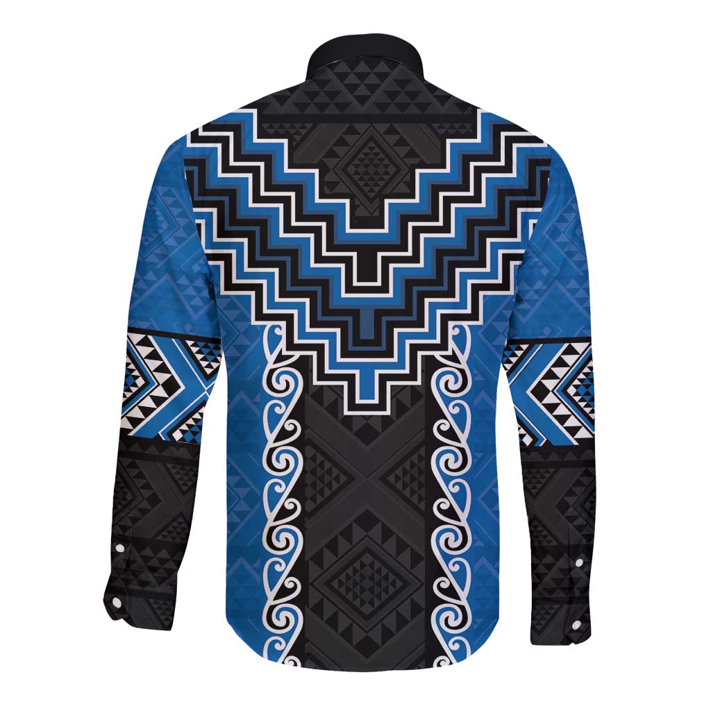 Blue Niho Taniwha Mix Poutama Long Sleeve Button Shirt Unique Taniko Aotearoa
