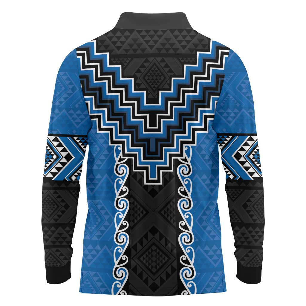 Blue Niho Taniwha Mix Poutama Long Sleeve Polo Shirt Unique Taniko Aotearoa
