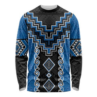 Blue Niho Taniwha Mix Poutama Long Sleeve Shirt Unique Taniko Aotearoa