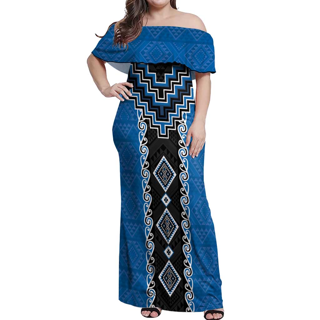 Blue Niho Taniwha Mix Poutama Off Shoulder Maxi Dress Unique Taniko Aotearoa