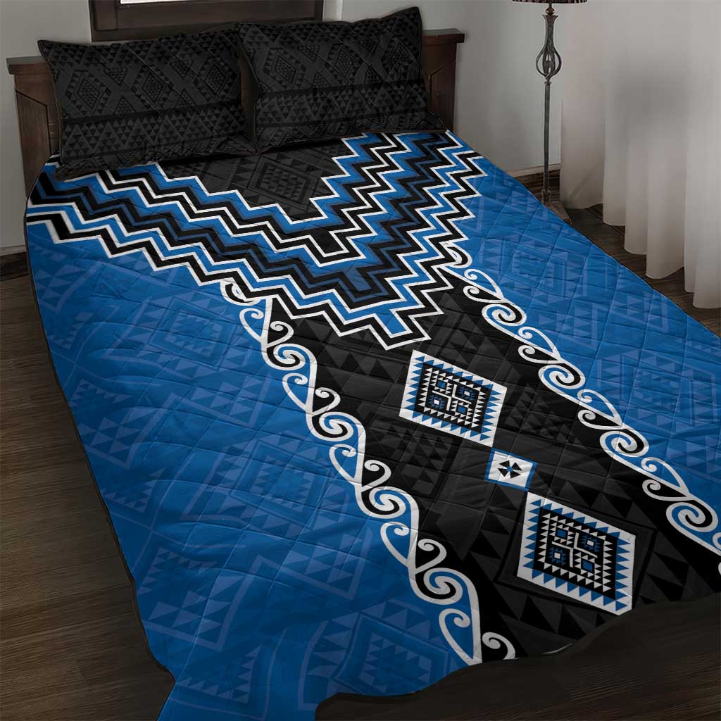 Blue Niho Taniwha Mix Poutama Quilt Bed Set Unique Taniko Aotearoa LT01 Blue - Polynesian Pride