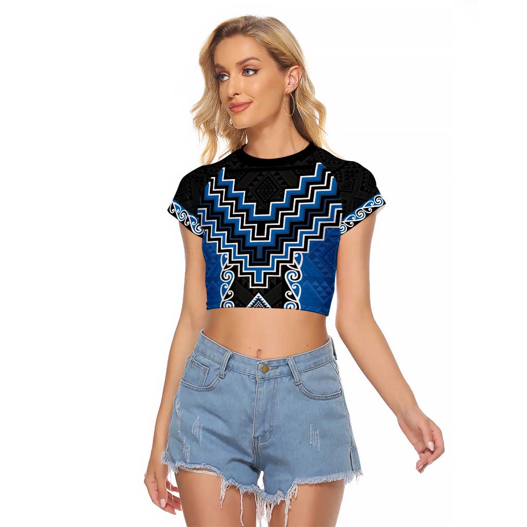 Blue Niho Taniwha Mix Poutama Raglan Cropped T Shirt Unique Taniko Aotearoa LT01 Female Blue - Polynesian Pride