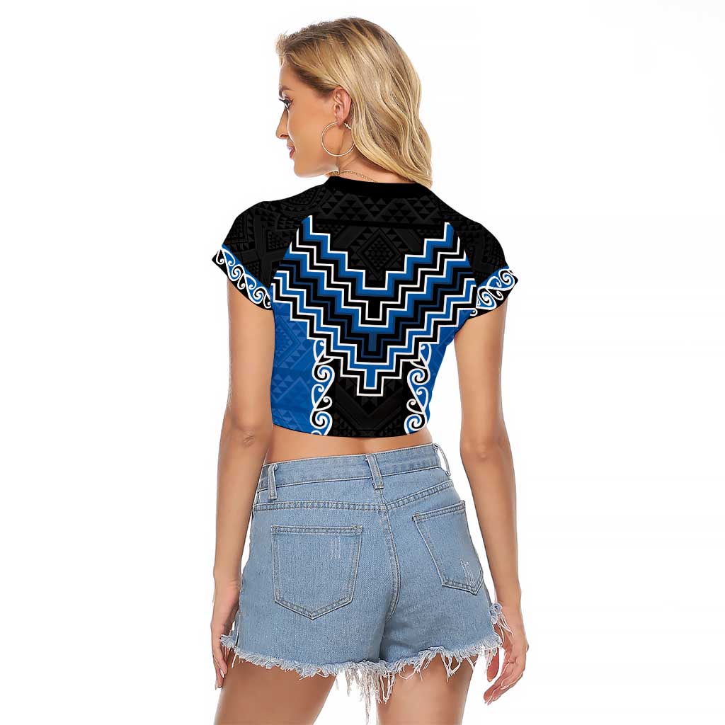 Blue Niho Taniwha Mix Poutama Raglan Cropped T Shirt Unique Taniko Aotearoa