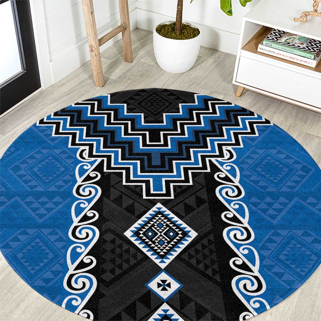 Blue Niho Taniwha Mix Poutama Round Carpet Unique Taniko Aotearoa LT01 Blue - Polynesian Pride