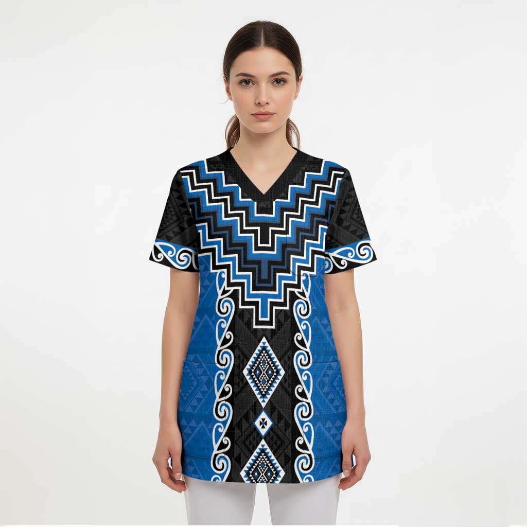Blue Niho Taniwha Mix Poutama Scrub Top Unique Taniko Aotearoa - Polynesian Pride