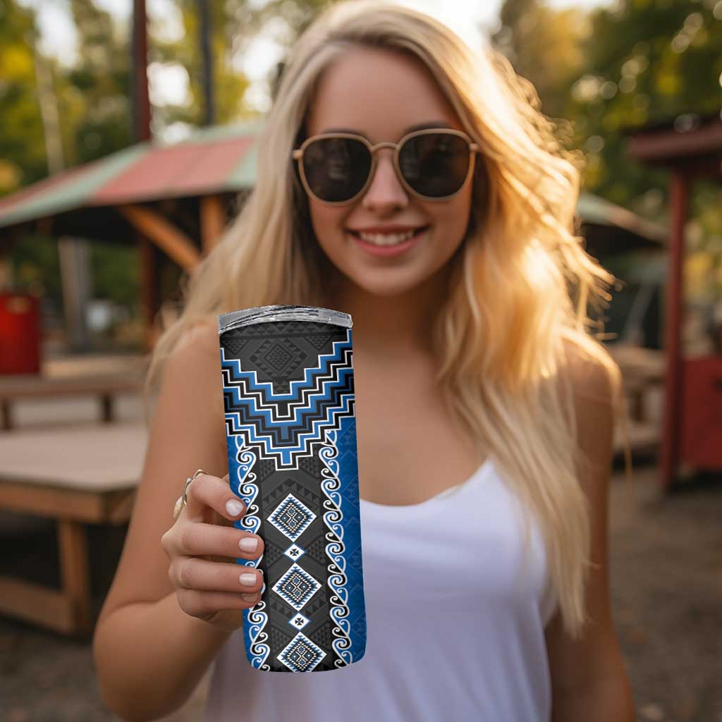 Blue Niho Taniwha Mix Poutama Skinny Tumbler Unique Taniko Aotearoa