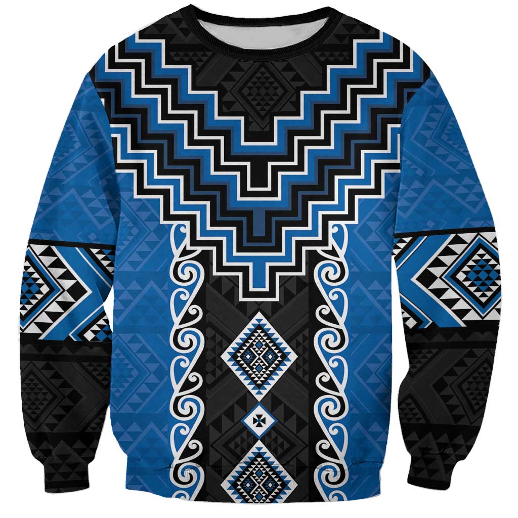Blue Niho Taniwha Mix Poutama Sweatshirt Unique Taniko Aotearoa