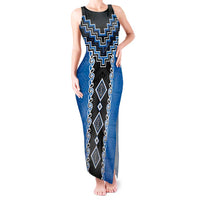 Blue Niho Taniwha Mix Poutama Tank Maxi Dress Unique Taniko Aotearoa
