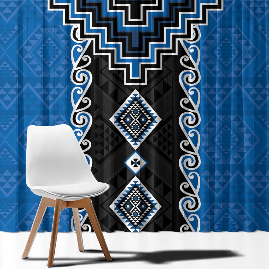 Blue Niho Taniwha Mix Poutama Window Curtain Unique Taniko Aotearoa