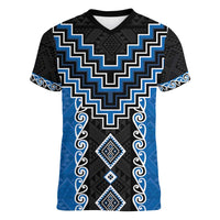 Blue Niho Taniwha Mix Poutama Women V-Neck T-Shirt Unique Taniko Aotearoa