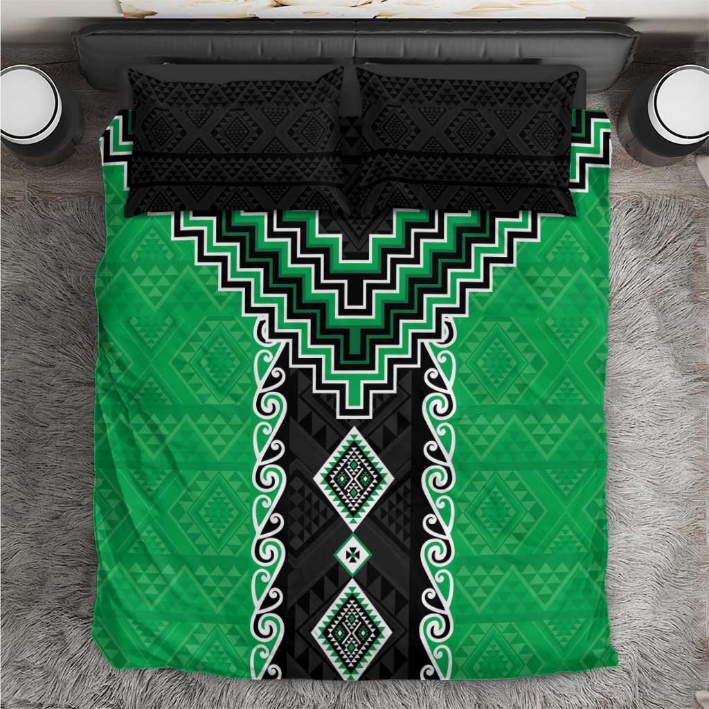 Green Niho Taniwha Mix Poutama Bedding Set Unique Taniko Aotearoa LT01 Green - Polynesian Pride