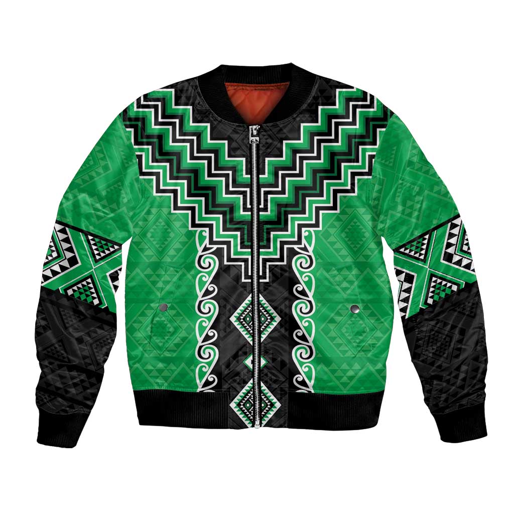 Green Niho Taniwha Mix Poutama Bomber Jacket Unique Taniko Aotearoa LT01 Unisex Green - Polynesian Pride