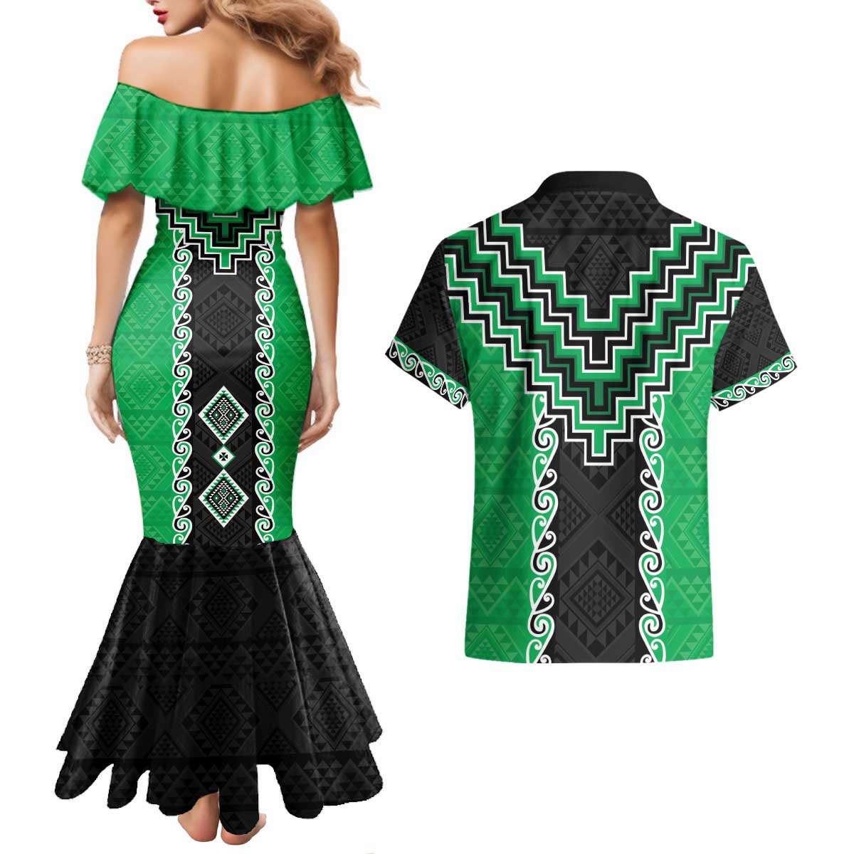 Green Niho Taniwha Mix Poutama Couples Matching Mermaid Dress and Hawaiian Shirt Unique Taniko Aotearoa