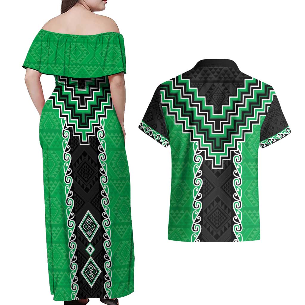 Green Niho Taniwha Mix Poutama Couples Matching Off Shoulder Maxi Dress and Hawaiian Shirt Unique Taniko Aotearoa