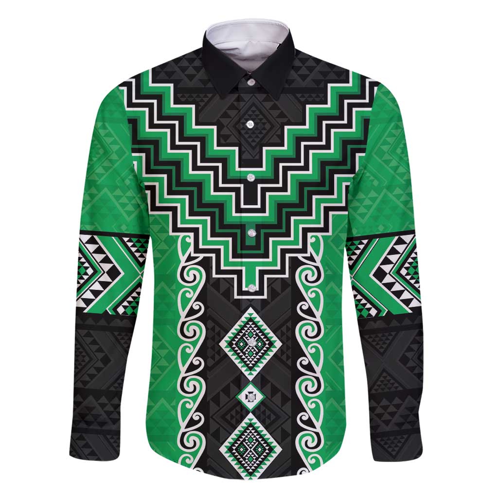 Green Niho Taniwha Mix Poutama Family Matching Long Sleeve Bodycon Dress and Hawaiian Shirt Unique Taniko Aotearoa