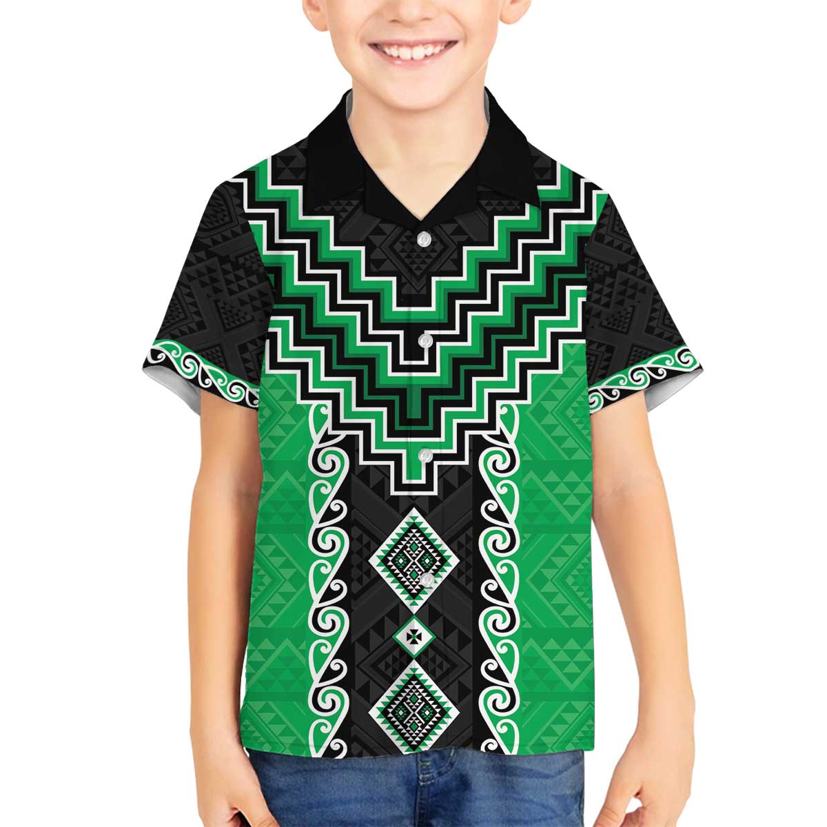 Green Niho Taniwha Mix Poutama Family Matching Off The Shoulder Long Sleeve Dress and Hawaiian Shirt Unique Taniko Aotearoa