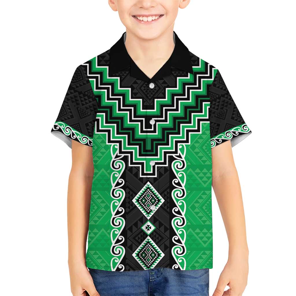 Green Niho Taniwha Mix Poutama Family Matching Off Shoulder Maxi Dress and Hawaiian Shirt Unique Taniko Aotearoa