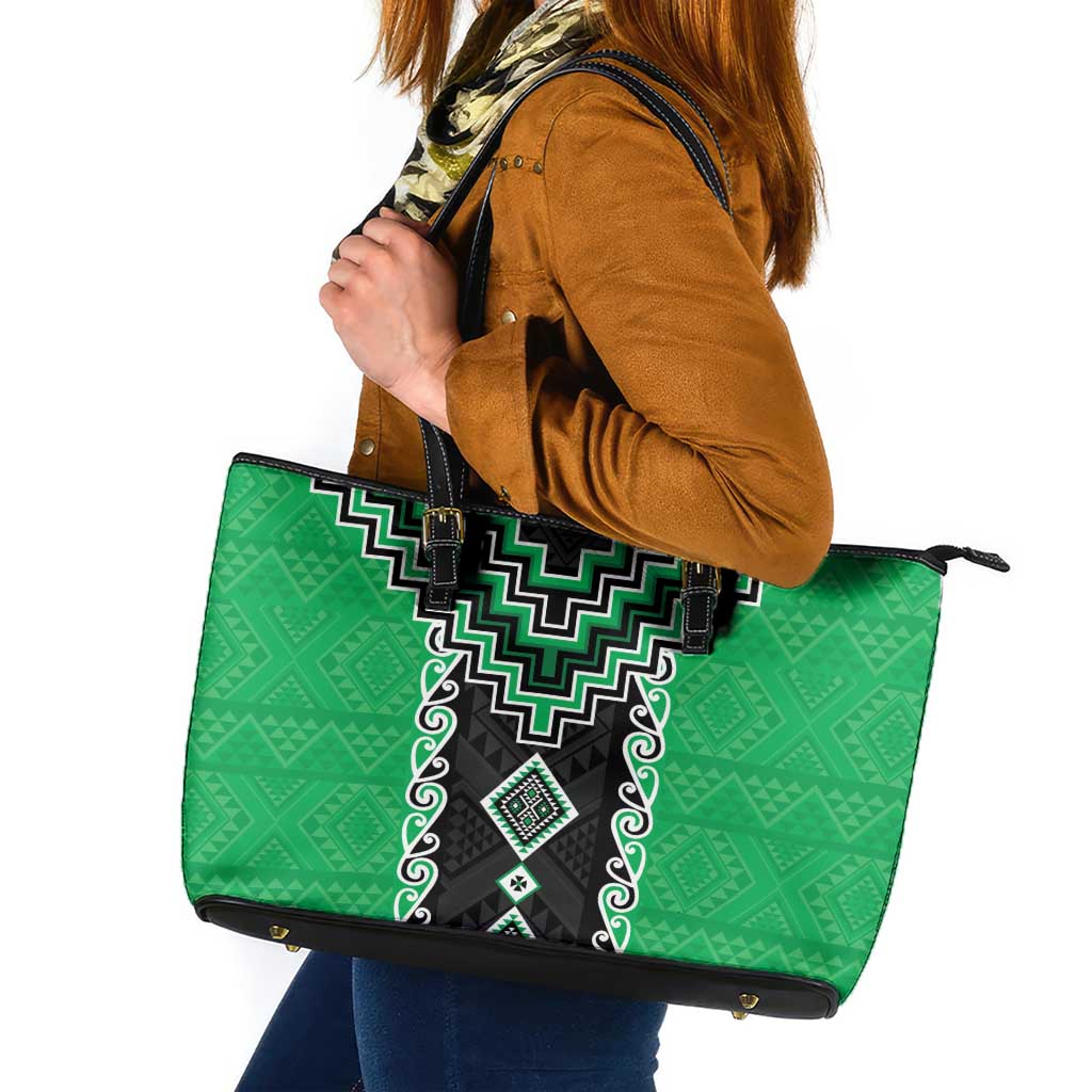 Green Niho Taniwha Mix Poutama Leather Tote Bag Unique Taniko Aotearoa