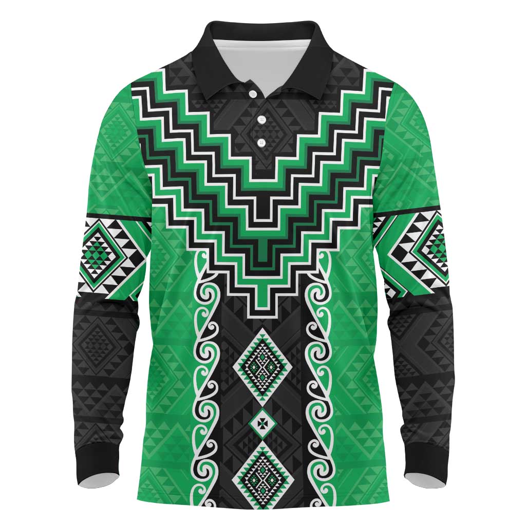Green Niho Taniwha Mix Poutama Long Sleeve Polo Shirt Unique Taniko Aotearoa LT01 Green - Polynesian Pride