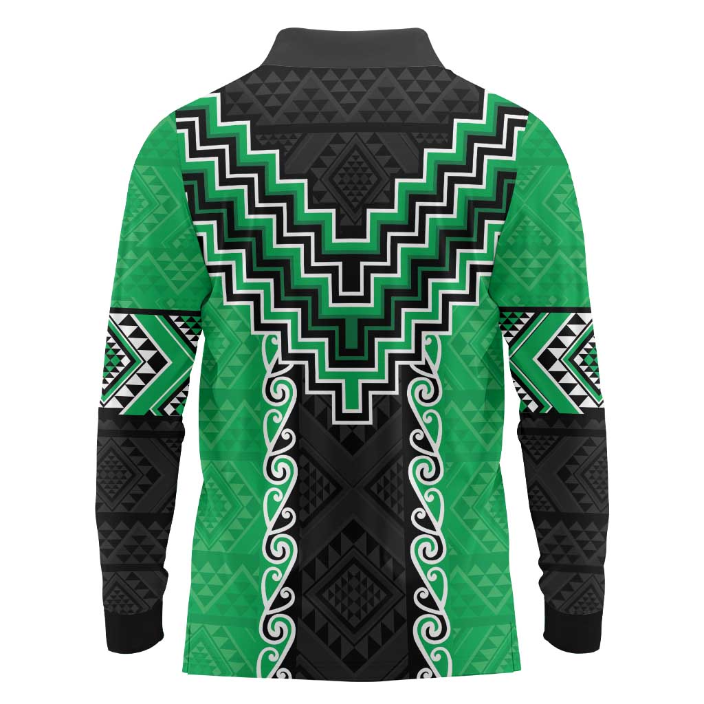 Green Niho Taniwha Mix Poutama Long Sleeve Polo Shirt Unique Taniko Aotearoa