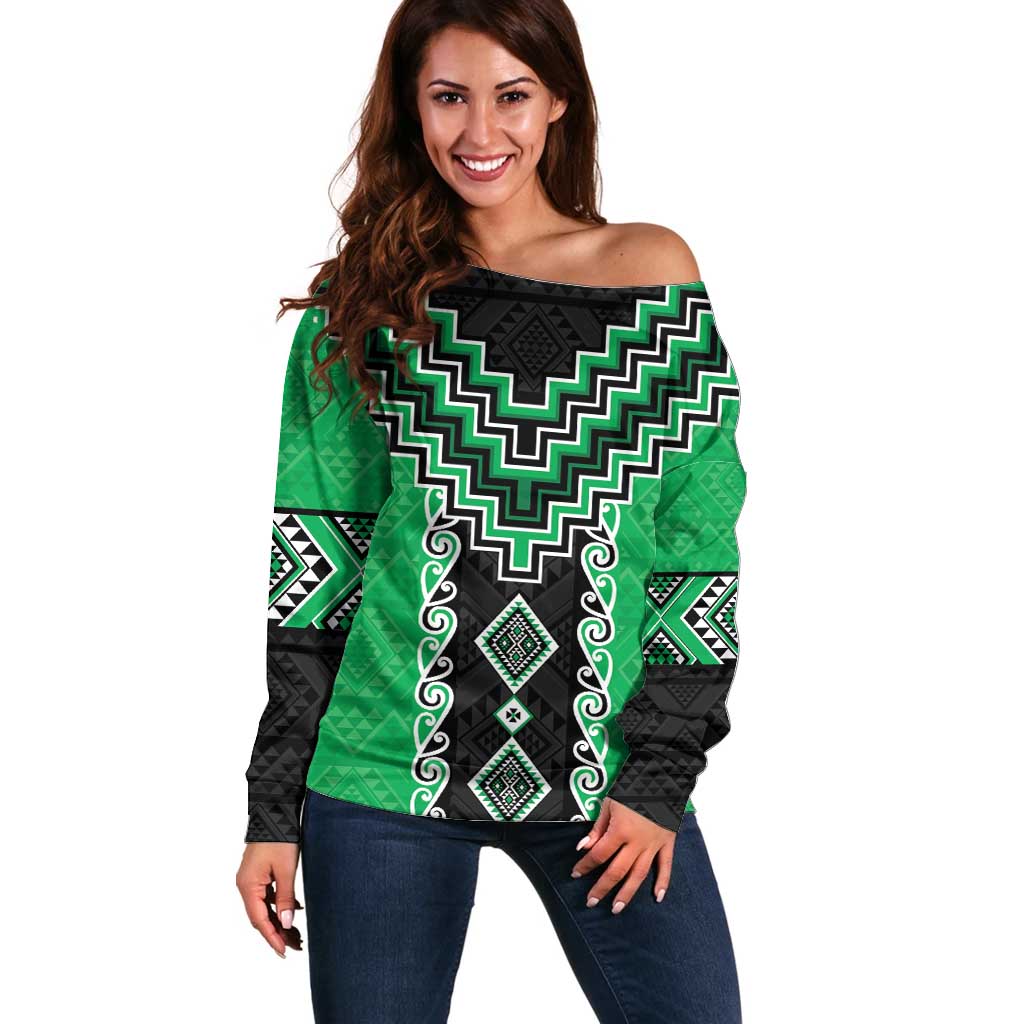Green Niho Taniwha Mix Poutama Off Shoulder Sweater Unique Taniko Aotearoa LT01 Women Green - Polynesian Pride