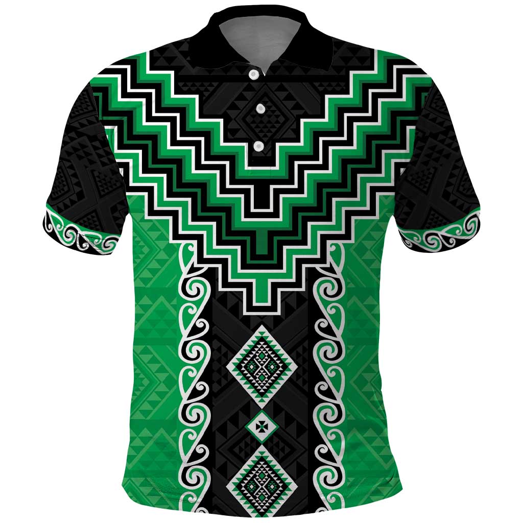 Green Niho Taniwha Mix Poutama Polo Shirt Unique Taniko Aotearoa
