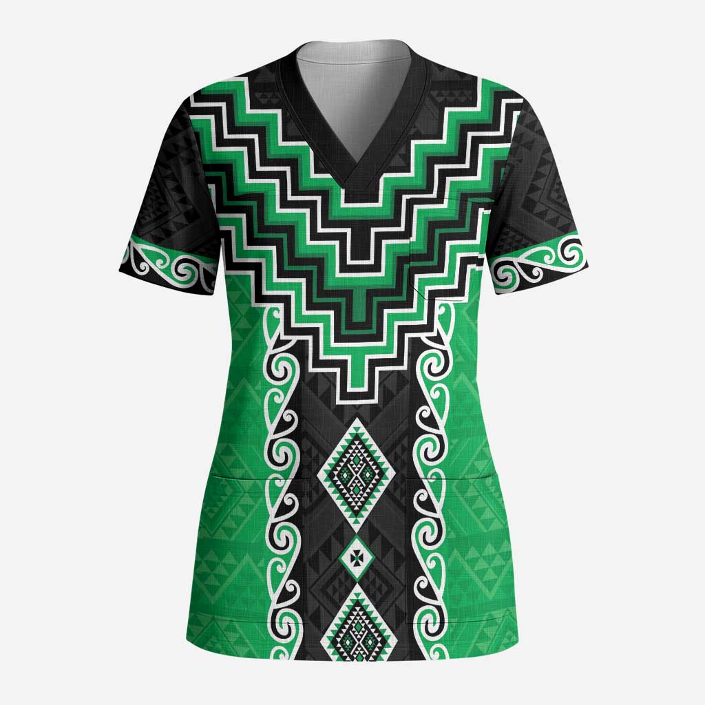 Green Niho Taniwha Mix Poutama Scrub Top Unique Taniko Aotearoa LT01 Adult Green - Polynesian Pride
